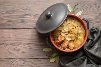 Casserole dish of cooked Lancashire Hot Pot