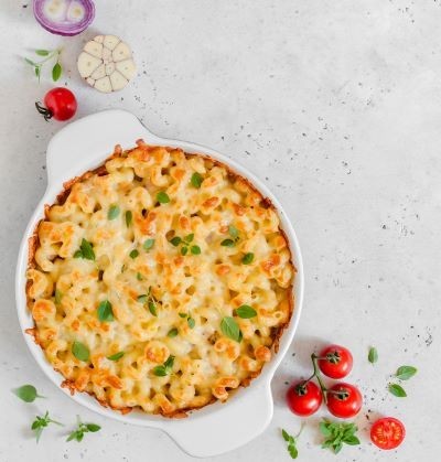 Dish of crispy pasta bake